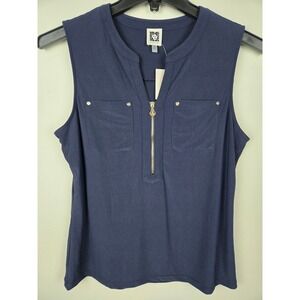 Anne Klein Sleeveless Navy Blue Zip Neck Pocket‎ Top Women's Medium NWT
